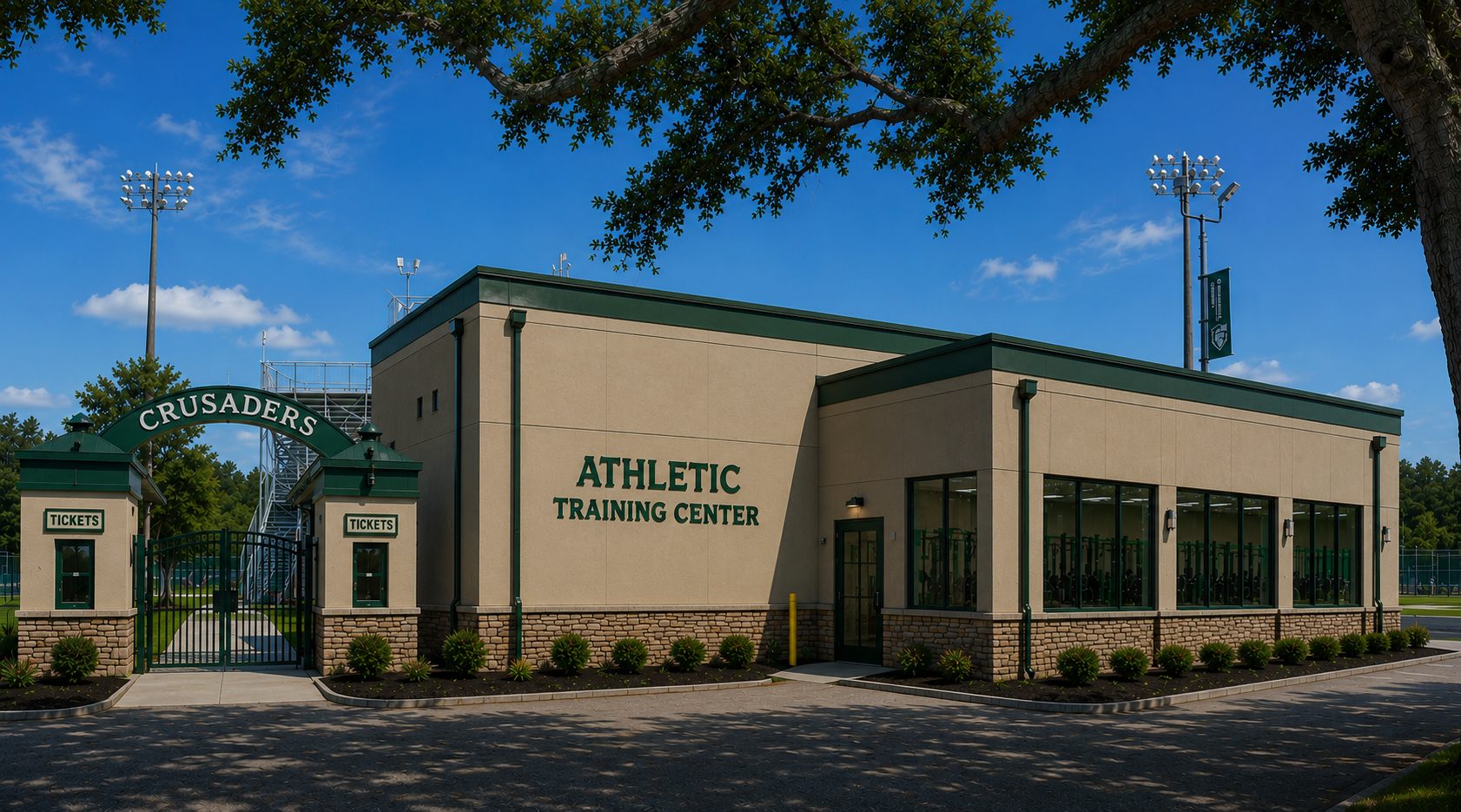 Rendering of the new Athletic Training Center with Crusaders entry arch and ticket booth