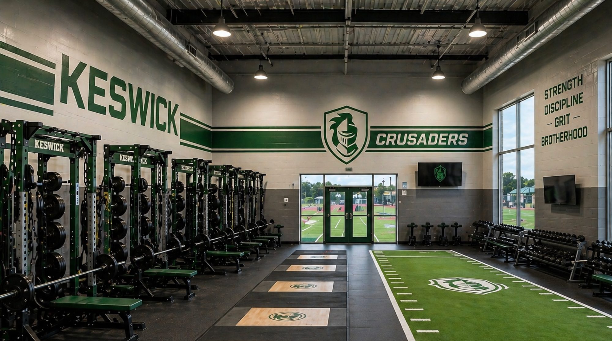 Rendering of the Athletic Training Center interior with strength racks and turf lane