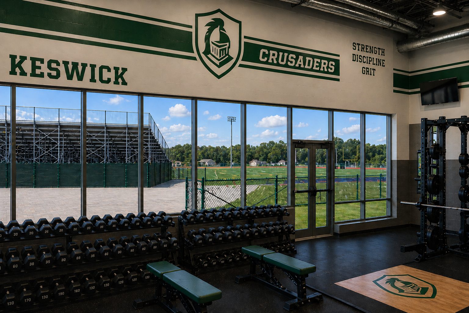Rendering of the training center dumbbell area overlooking the grandstands